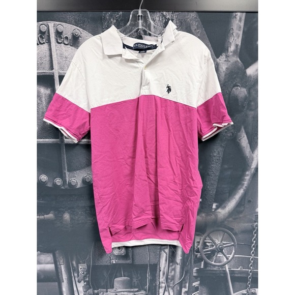 US Polo Assn. Other - VTG U.S. Polo Assn. Shirt Mens  L White Pink Colorblock Short Sleeve Polo Logo